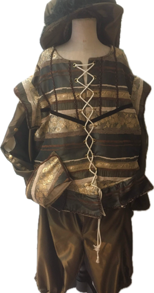 Chemise blanc cassé, pantalon, Veste sac chapeau brun a plume 5 pces