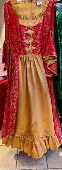 Création Moyen âge robe rouge et or avec châle en dentelle et sac Gr. 40